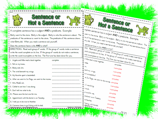 Complete or Incomplete Sentence Printable Worksheet with Answer Key