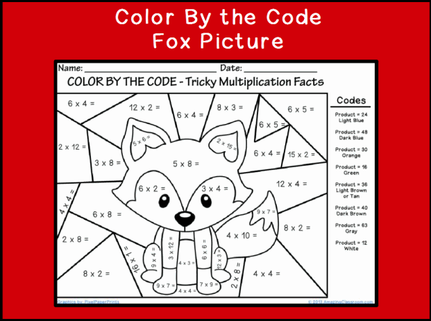 Color by the Code Multiplying Fox Printable Worksheet with Answer Key