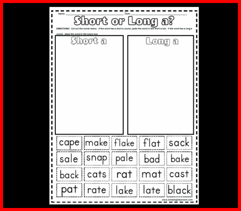 Vowel Sorting Short A or Long A? Printable Worksheet with Answer Key