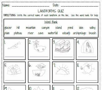 Landforms Quiz Printable Worksheet with Answer Key - Lesson Activity